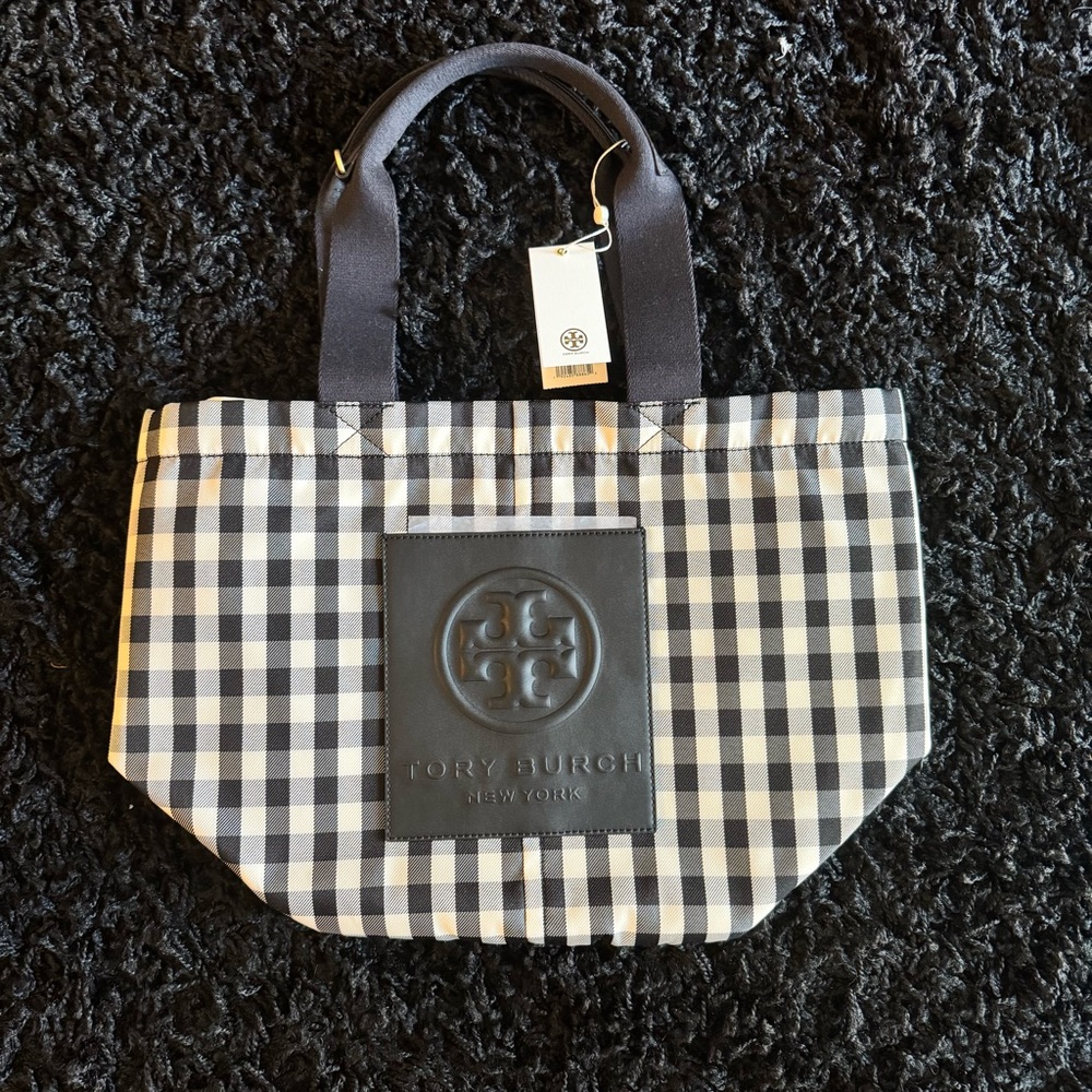 NWT: Tory Burch Piper Gingham Small Square Tote (Black & White)